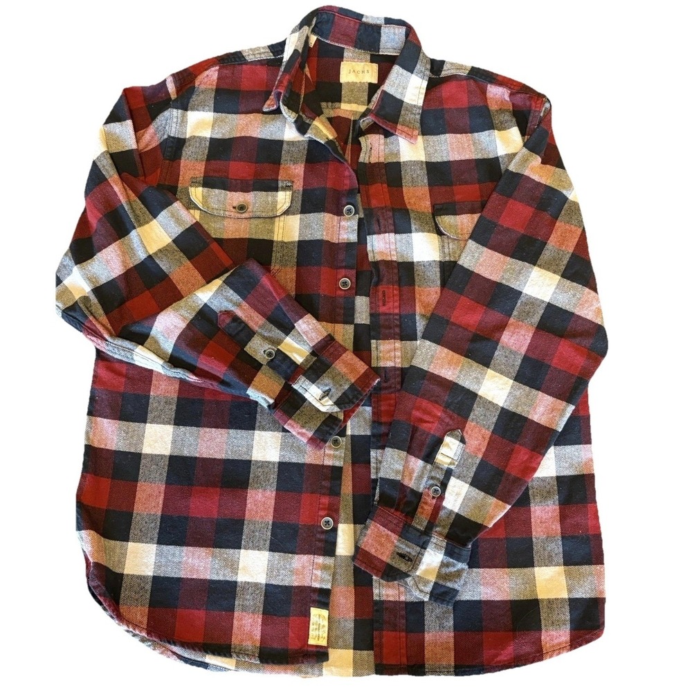 Jachs NY Mens Red Black Plaid Flannel Button Down Shirt Cotton Herringbone L